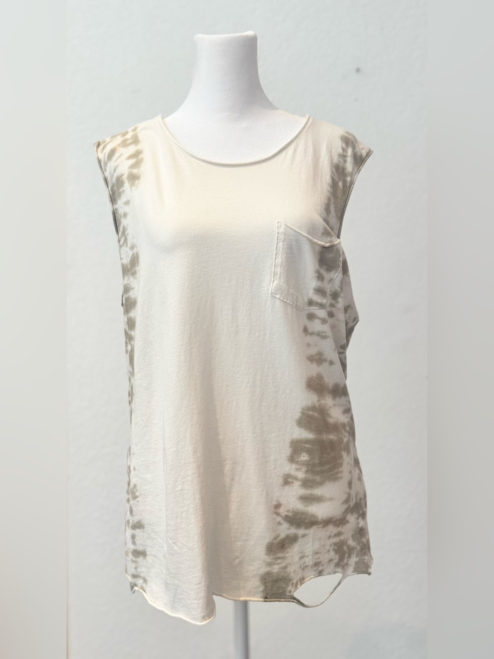 NSF intentionally distressed cotton crew neck muscle tank w/ side tie dye print